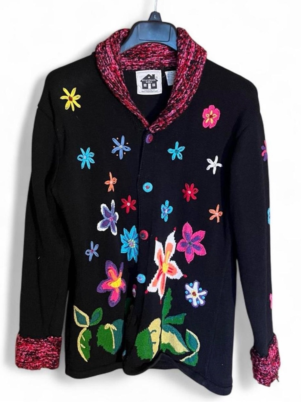Storybook Knits Floral Embroidered Gems Long Cardigan with Shawl Collar Size S